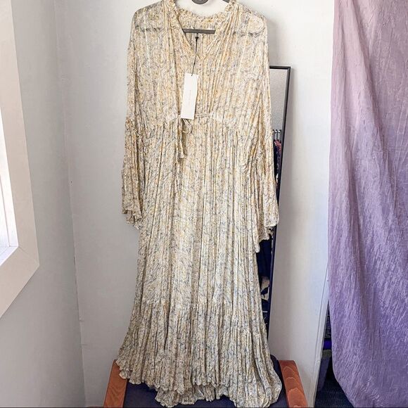 Ne Quittez Pas Chiffon Yellow Midi Dress Sheer Long Sleeve S - Picture 6 of 10